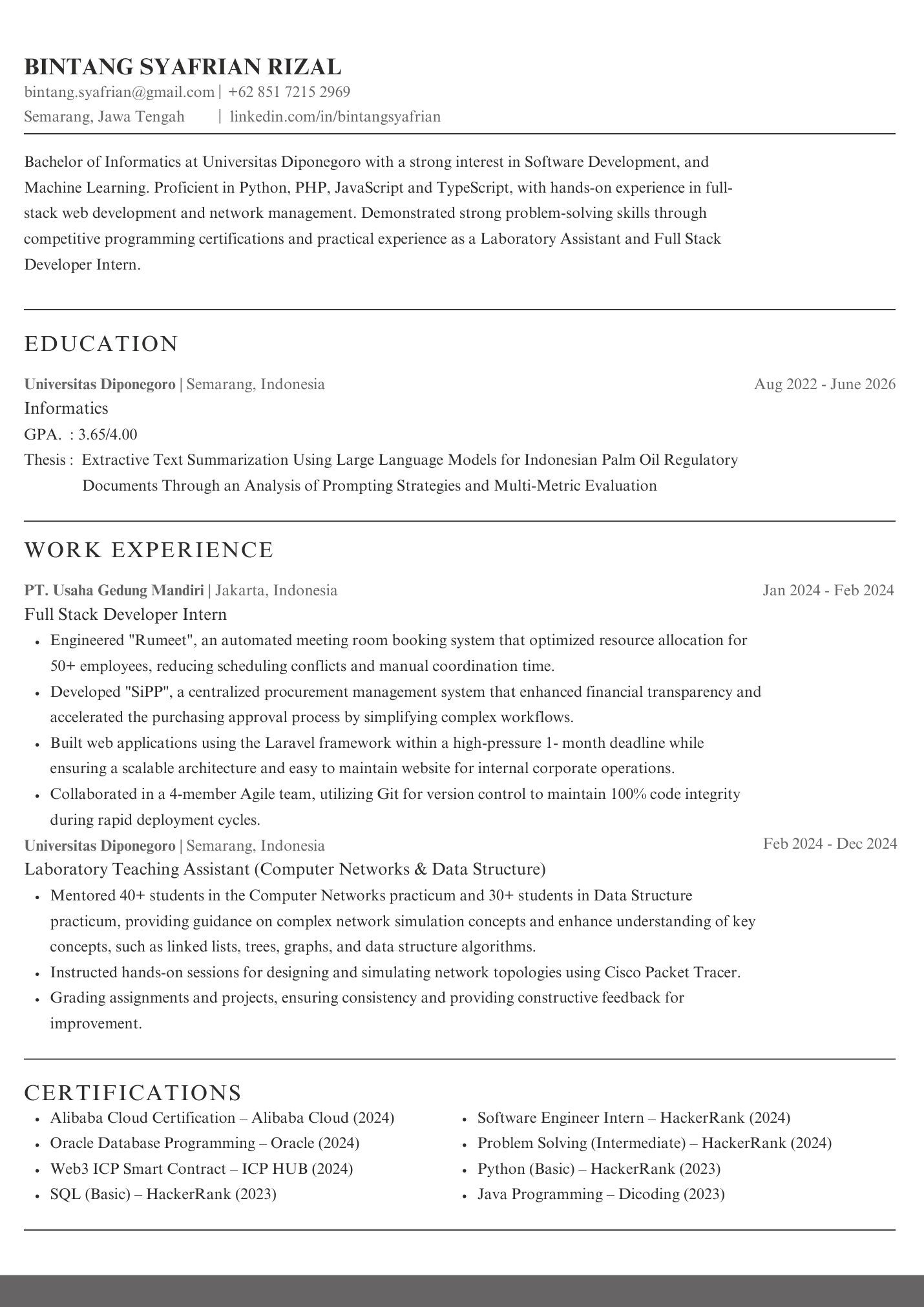 First page of Bintang Syafrian Rizal's CV